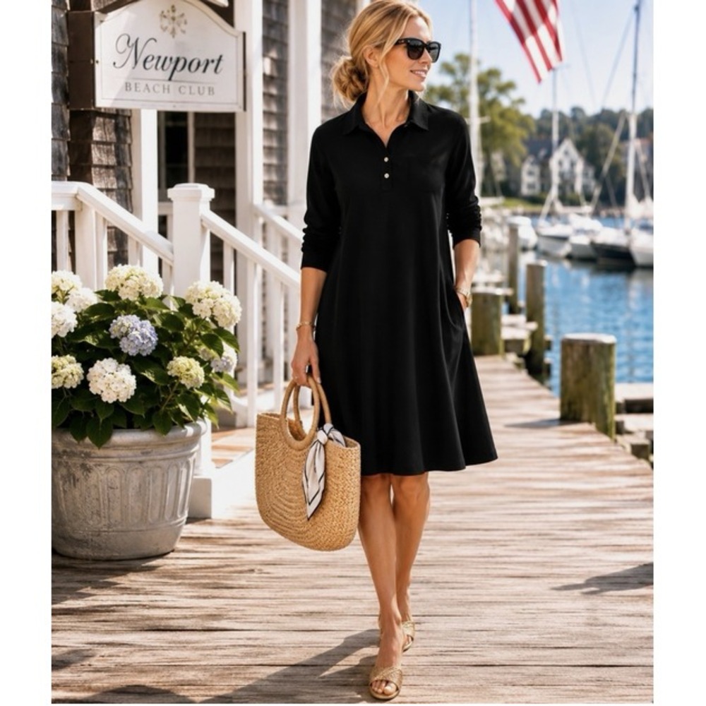 NWT Tuckernuck Frances Black Cotton Pique Polo Dress Long Sleeve Pockets Size M